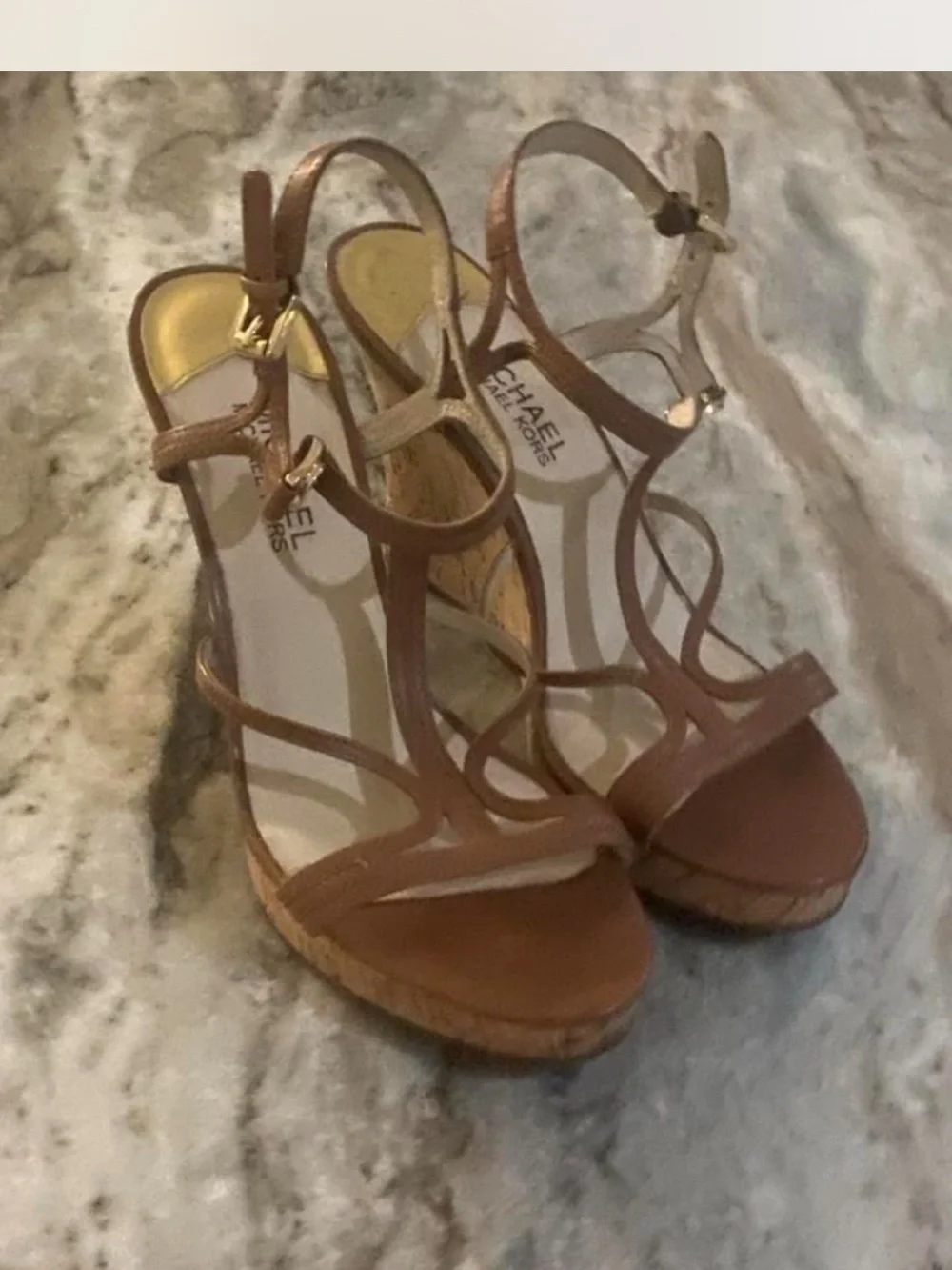 MICHAEL Michael Kors Tan Leather Strappy Wedge Sandals